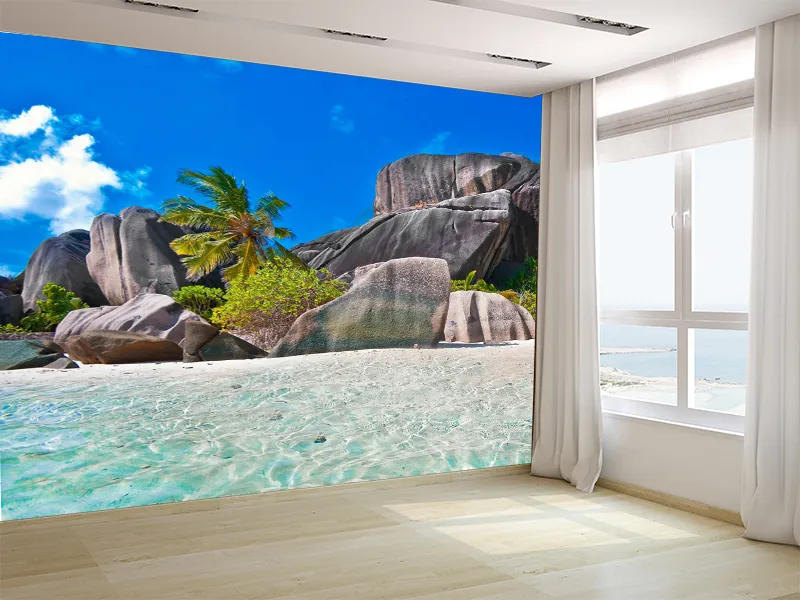 3D Maldivler Kumsal Palmiye Manzarası Duvar Kağıdı 