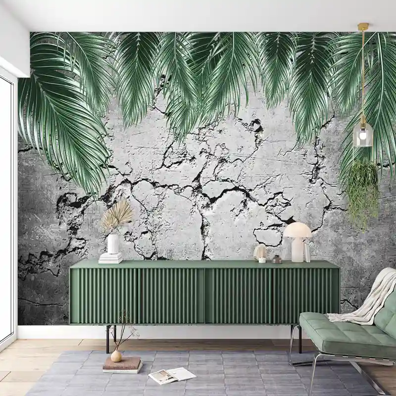 Çatlak Beton Duvar Üzeri Tropikal Yapraklar Duvar Kağıdı 