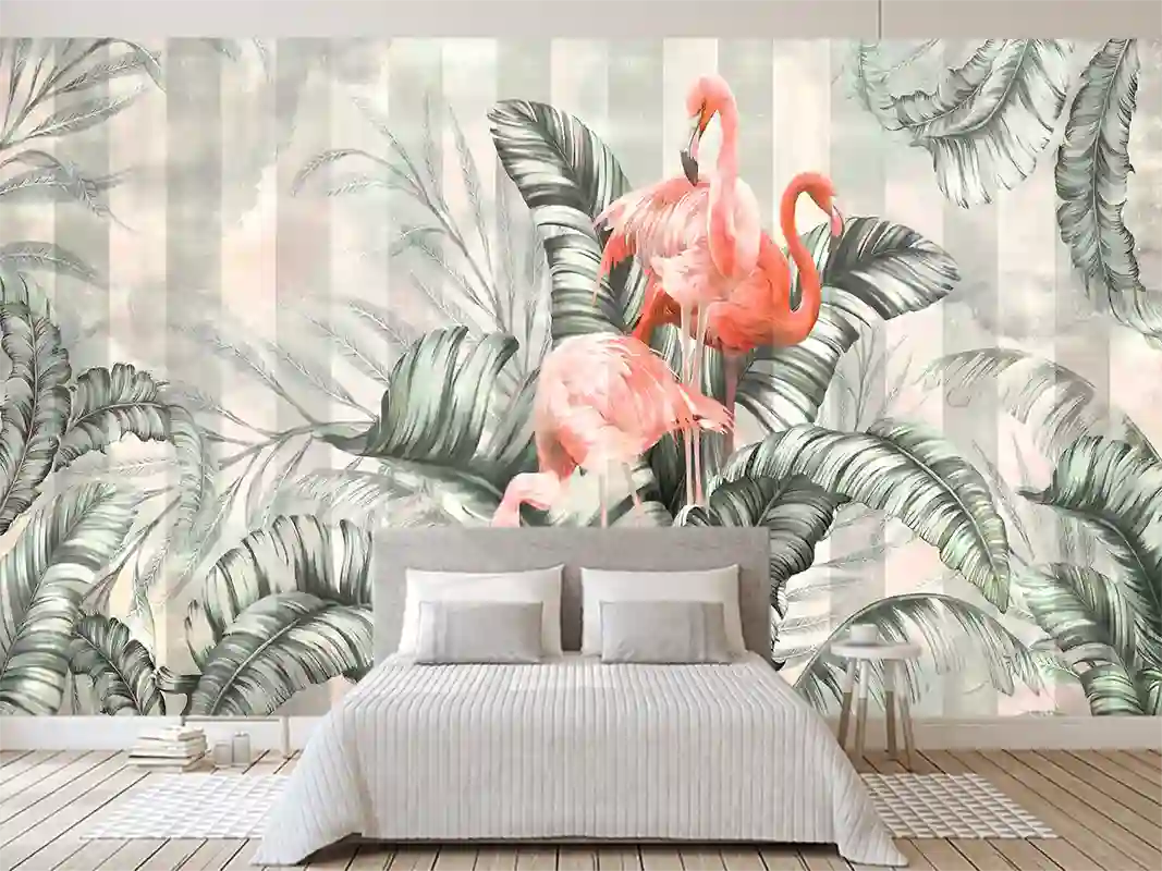 Çita Desen Tropikal Yapraklar Flamingo Duvar Kağıdı 