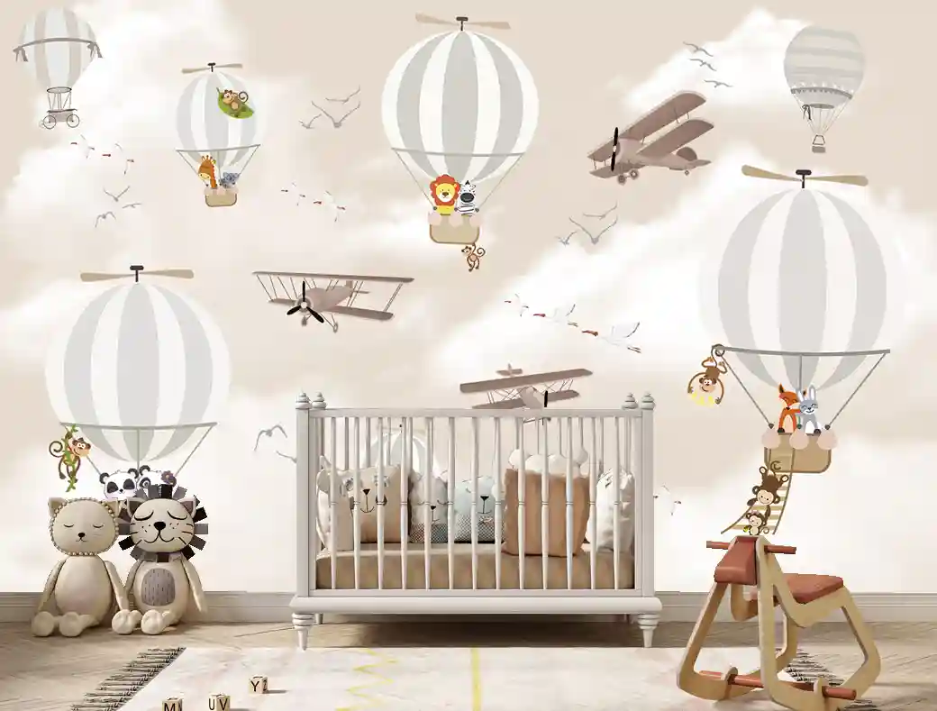 Turuncu Uçan Balonlar Uçaklar Ve Sevimli Hayvanlar Çocuk Odası Duvar Kağıdı 