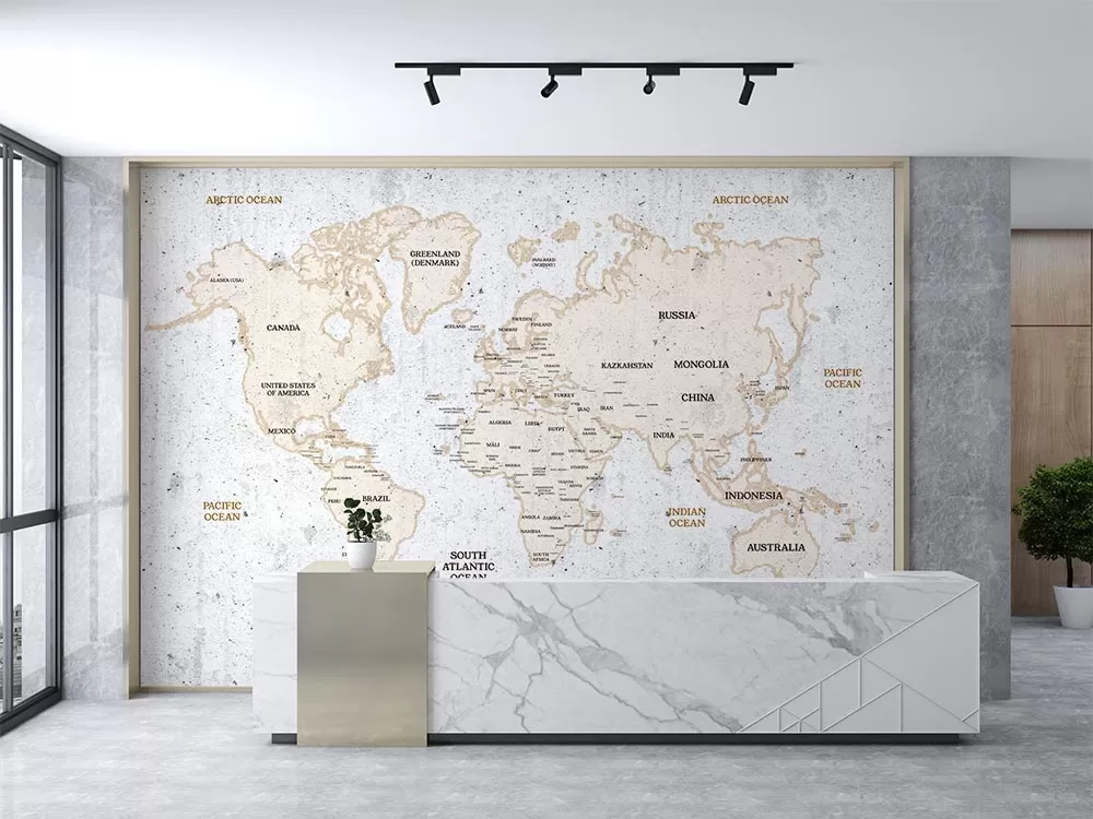 Beton Zemin Krem Renk Dünya Haritası Duvar Kağıdı
