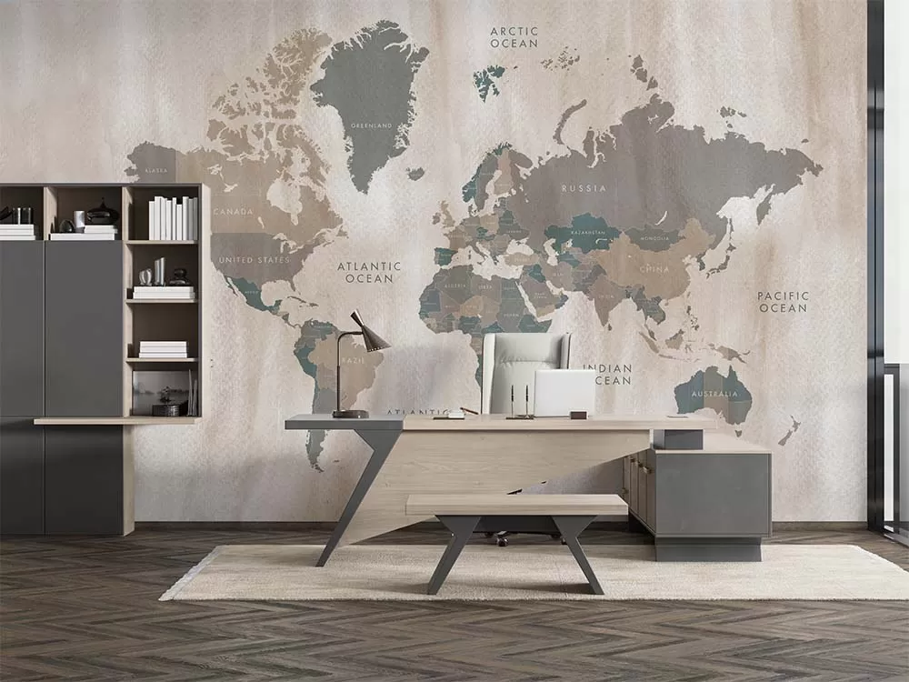 Krem Bej Tonlarında Dünya Haritası Ülke Isimleri Yazılı Duvar Kağıdı