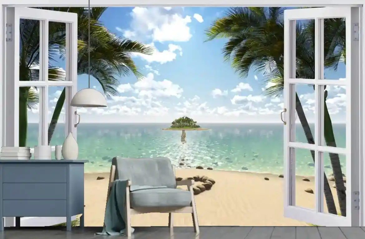 Kumsal Kalp Küçük Ada 3D Açık Pencere Deniz Manzara Duvar Kağıdı