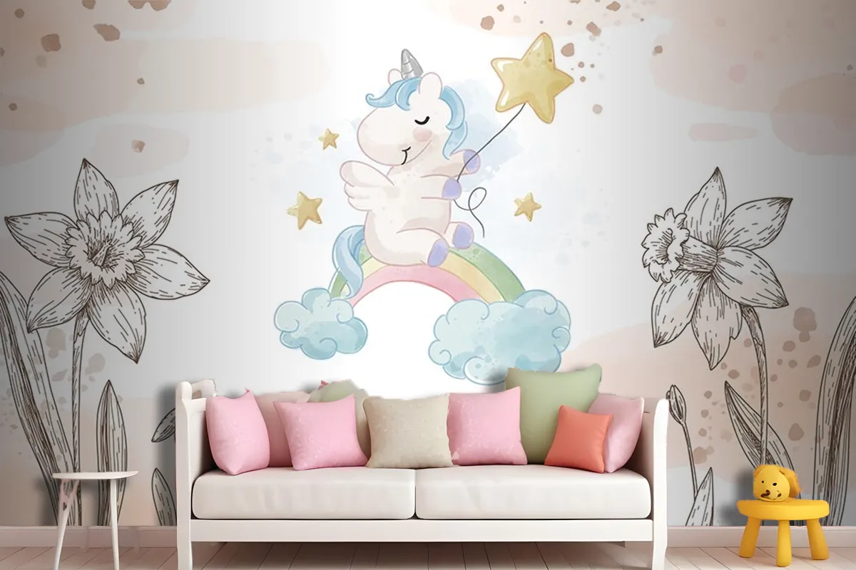 Çiçekler Arasında Unicorn Çocuk Odası Duvar Kağıdı