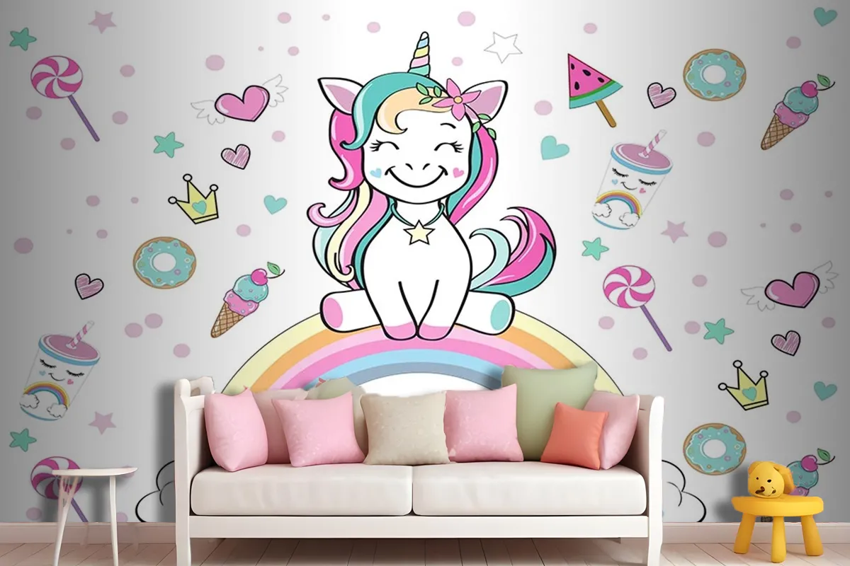 Unicorn Gökkuşağı Çocuk Odası Duvar Kağıdı