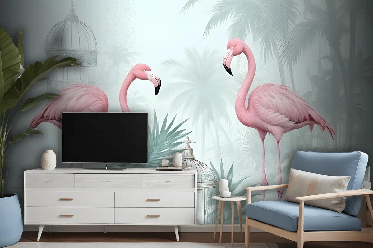 Tropikal Yapraklı Vintage Pembe Flamingo Duvar Kağıdı