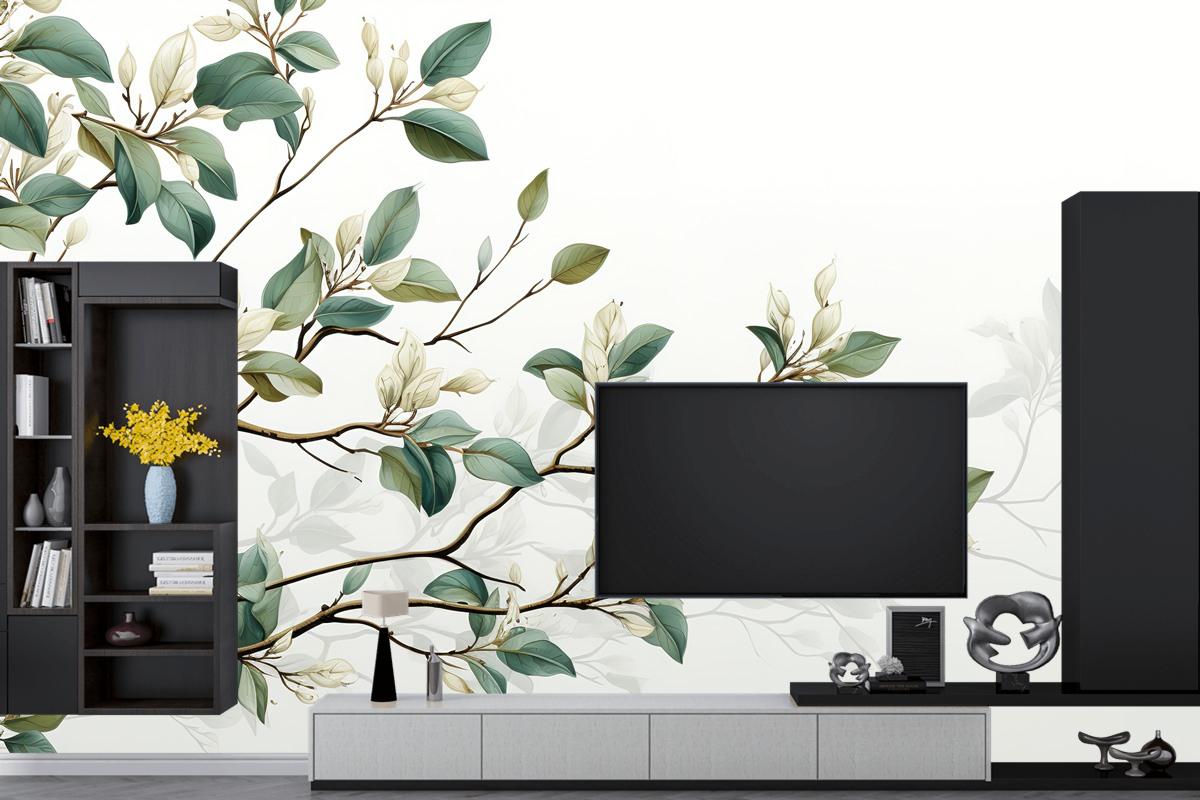 Koyu Yeşil Ve Beyaz Ficus Elastica Yapraklarından Oluşan Kusursuz Desen TV Arkası Duvar Kağıdı