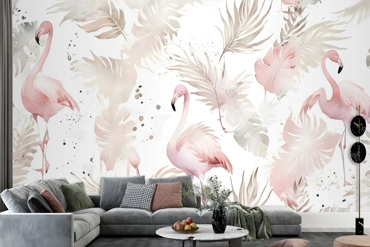 Boho Tropikal Yaprak Duvar Kağıdı  Ile Yumuşak Flamingo Sanatı