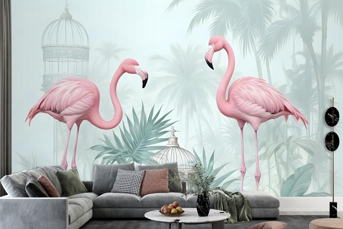 Tropikal Yapraklı Vintage Pembe Flamingo Duvar Kağıdı