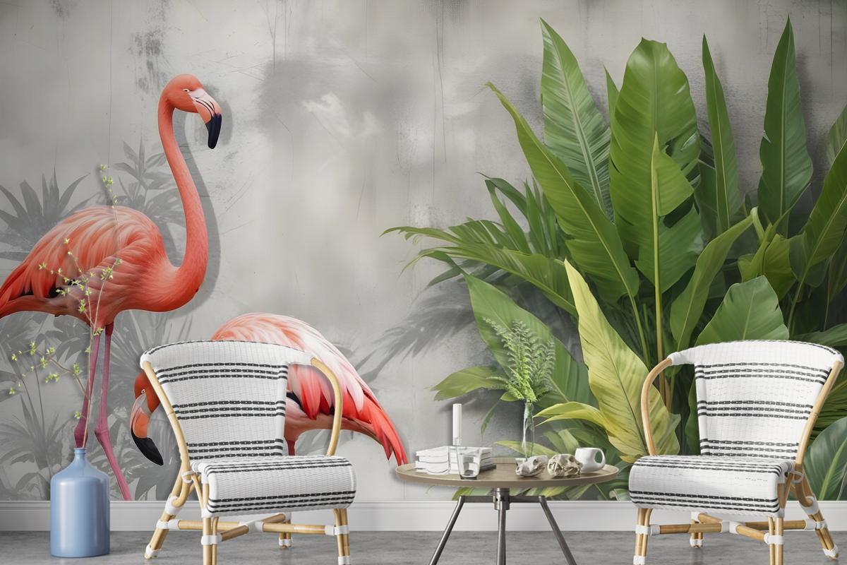 Tropikal Yapraklı 3D Görünümlü Pembe Flamingo Duvar Kağıdı