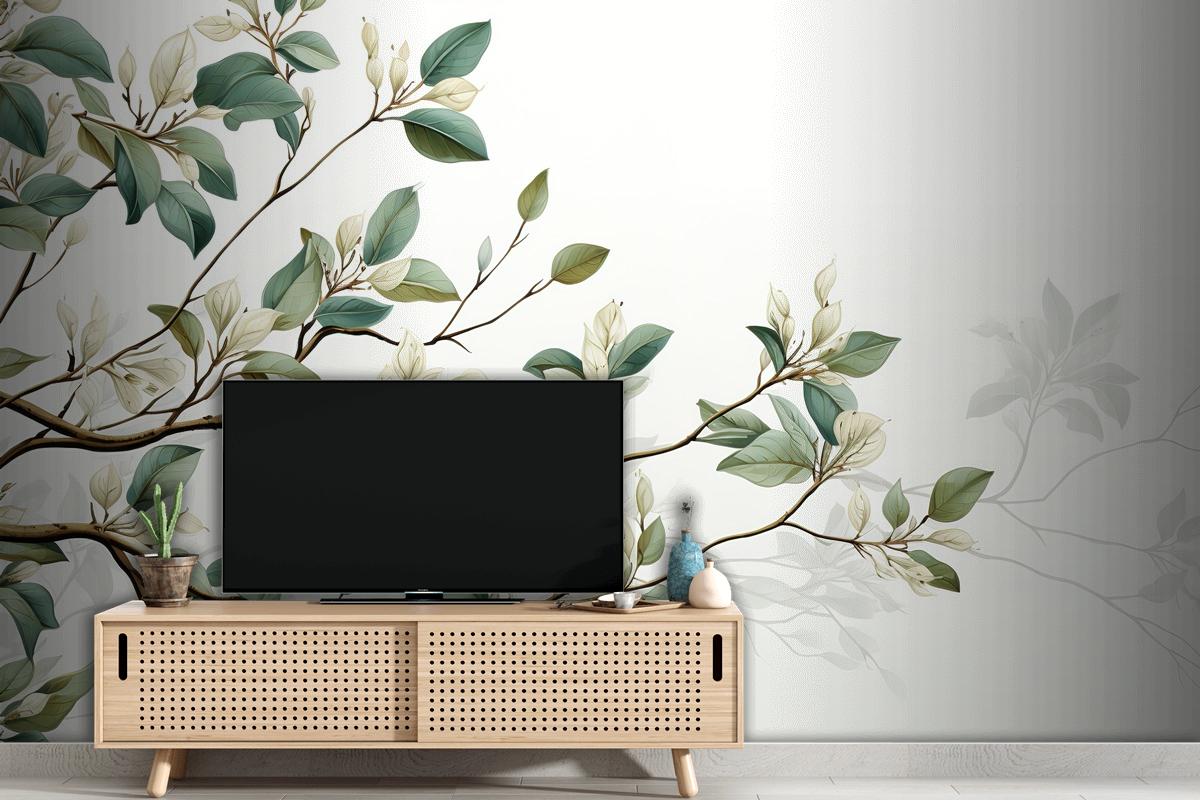 Koyu Yeşil Ve Beyaz Ficus Elastica Yapraklarından Oluşan Kusursuz Desen TV Arkası Duvar Kağıdı