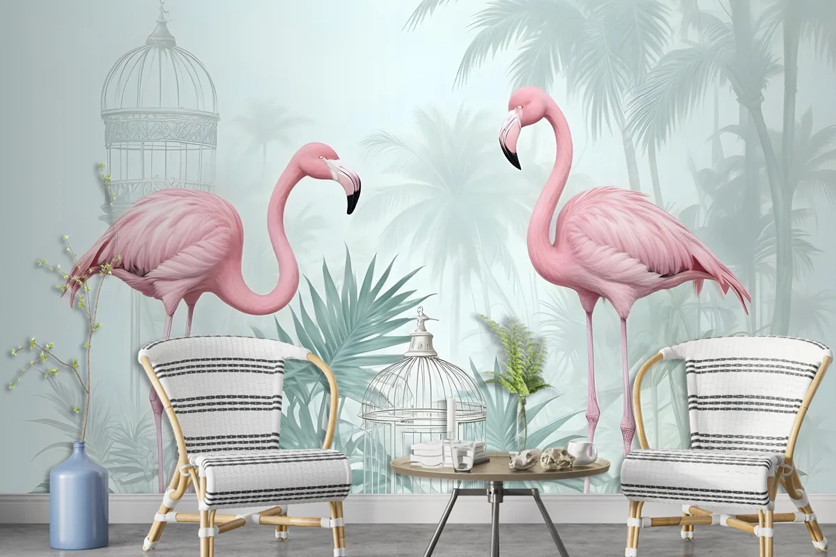 Tropikal Yapraklı Vintage Pembe Flamingo Duvar Kağıdı