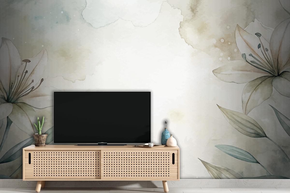 Zambakların Minimalist Suluboya Arka Planı TV Arkası Duvar Kağıdı