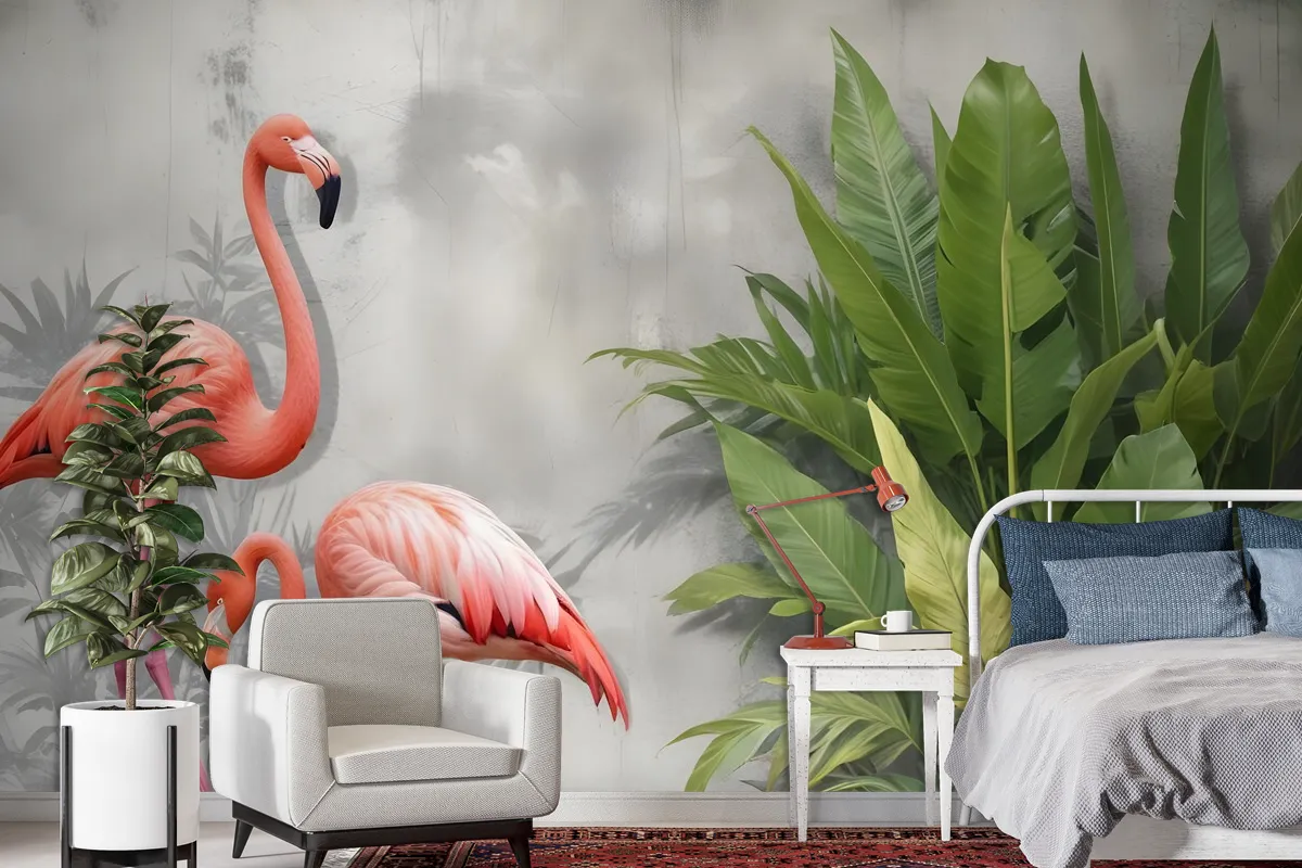 Tropikal Yapraklı 3D Görünümlü Pembe Flamingo Duvar Kağıdı