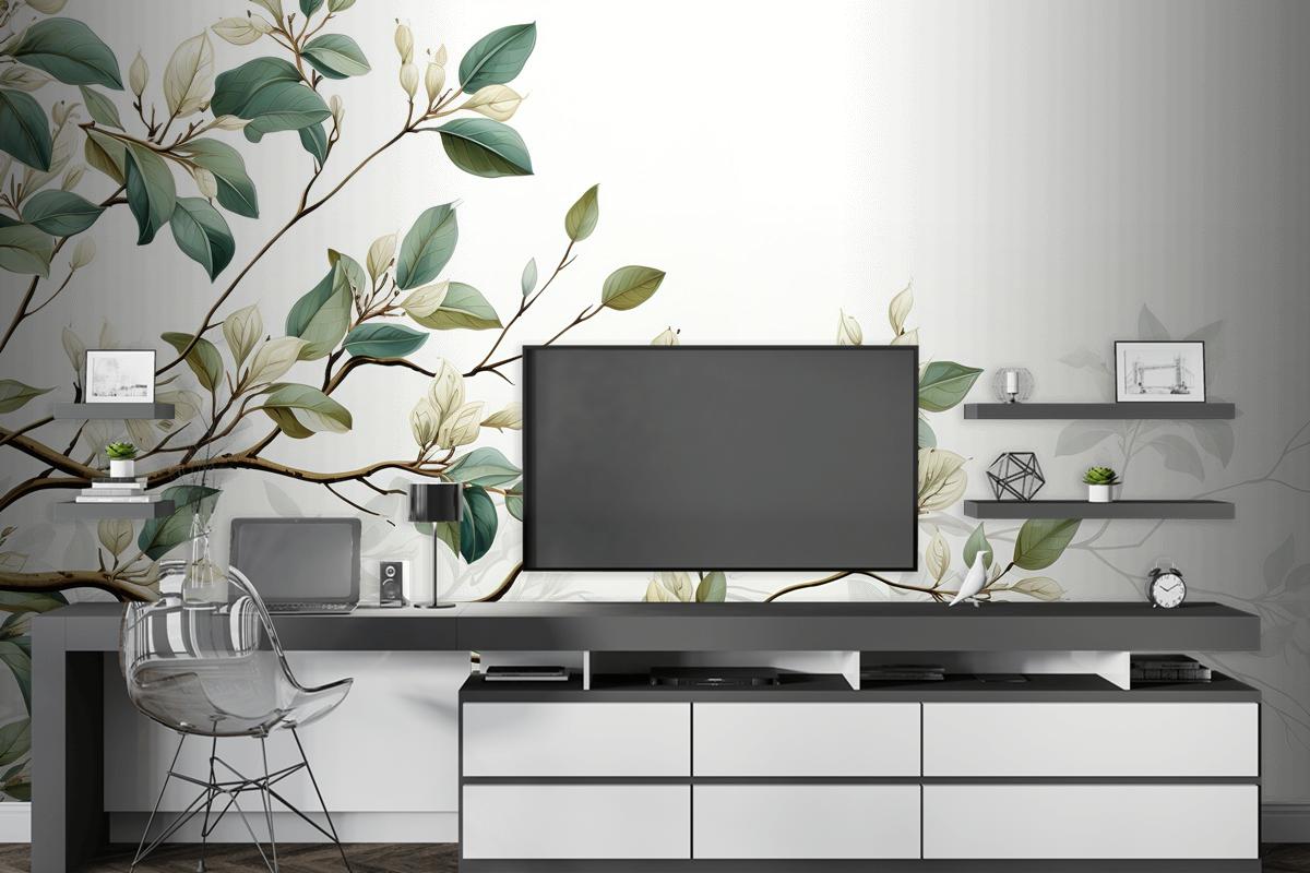 Koyu Yeşil Ve Beyaz Ficus Elastica Yapraklarından Oluşan Kusursuz Desen TV Arkası Duvar Kağıdı