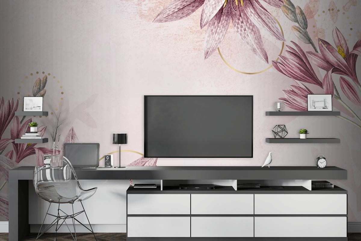 Pembe Amaryllis Desenli Arka Plan TV Arkası Duvar Kağıdı