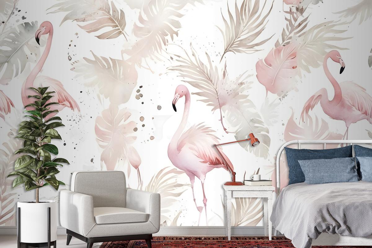 Boho Tropikal Yaprak Duvar Kağıdı  Ile Yumuşak Flamingo Sanatı