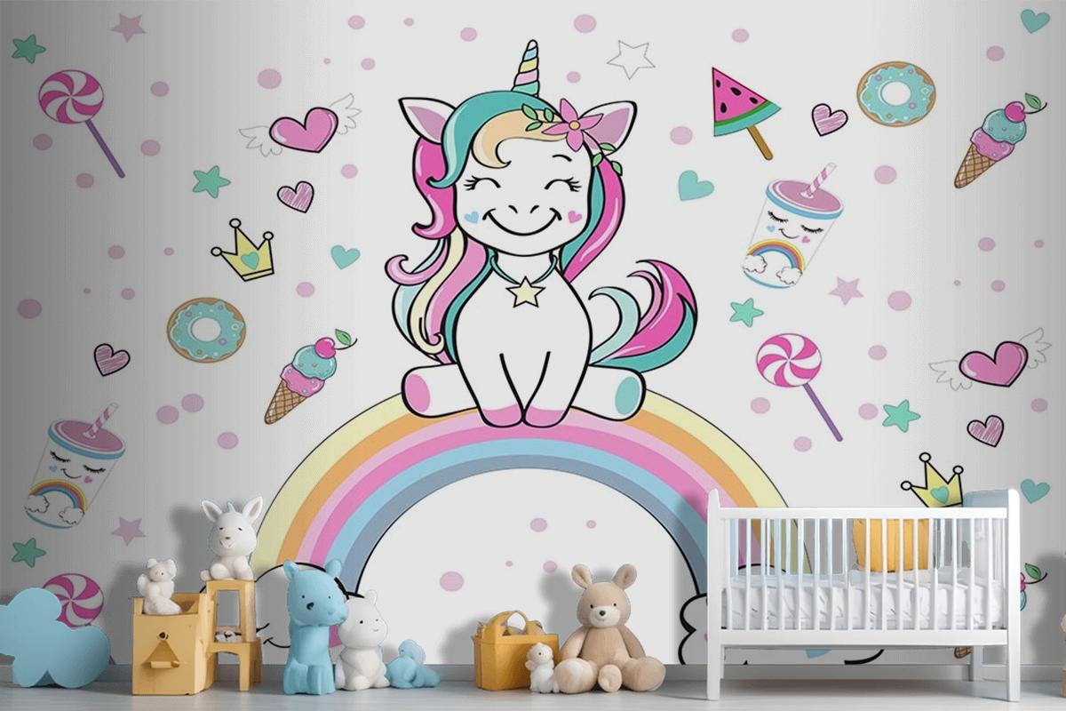 Unicorn Gökkuşağı Çocuk Odası Duvar Kağıdı - Kendinden Yapışkanlı