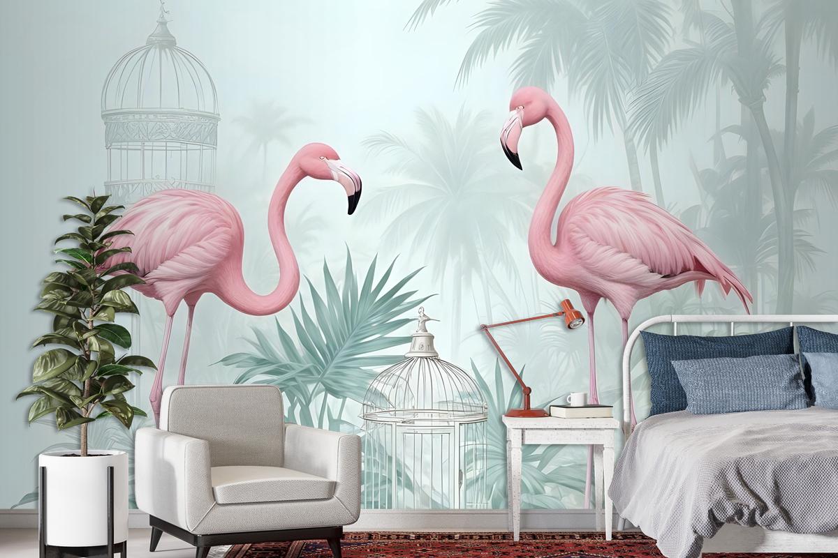 Tropikal Yapraklı Vintage Pembe Flamingo Duvar Kağıdı