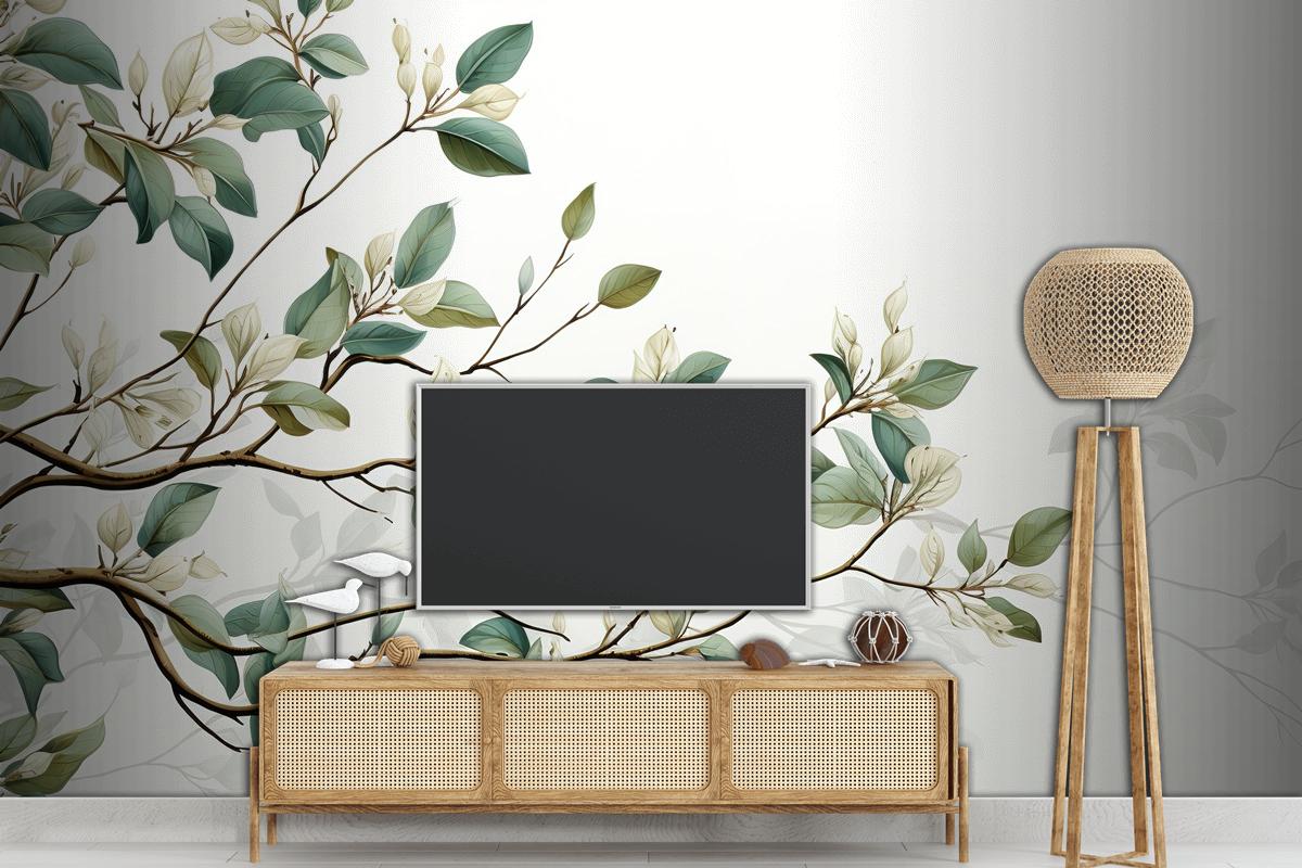 Koyu Yeşil Ve Beyaz Ficus Elastica Yapraklarından Oluşan Kusursuz Desen TV Arkası Duvar Kağıdı