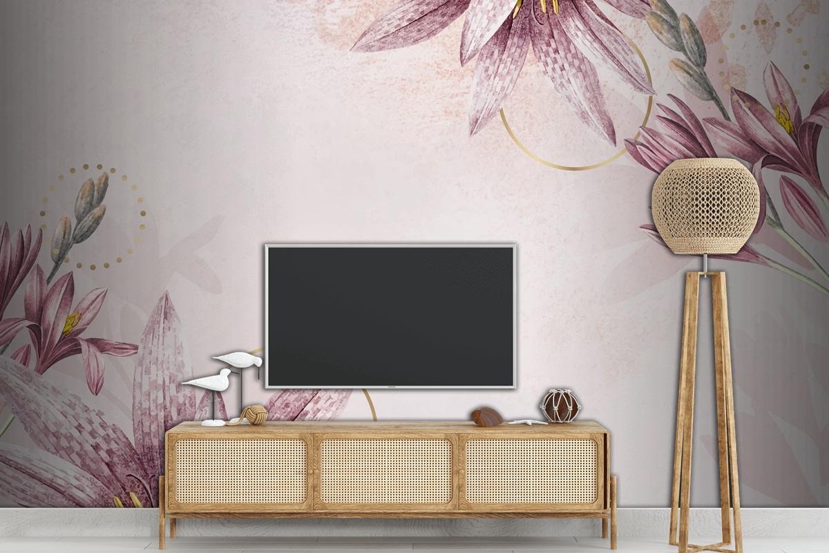 Pembe Amaryllis Desenli Arka Plan TV Arkası Duvar Kağıdı