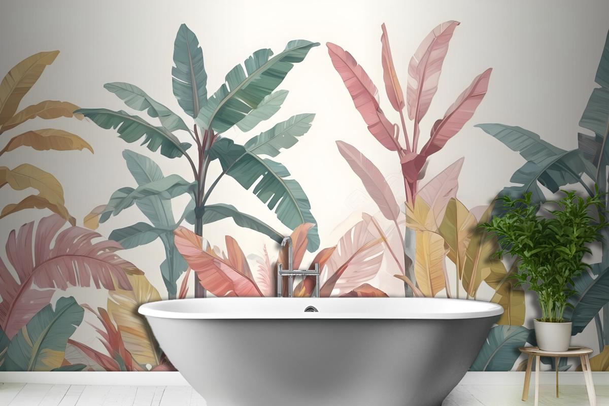 Pembe & Teal Vintage Tropikal Banyo Duvar Kağıdı