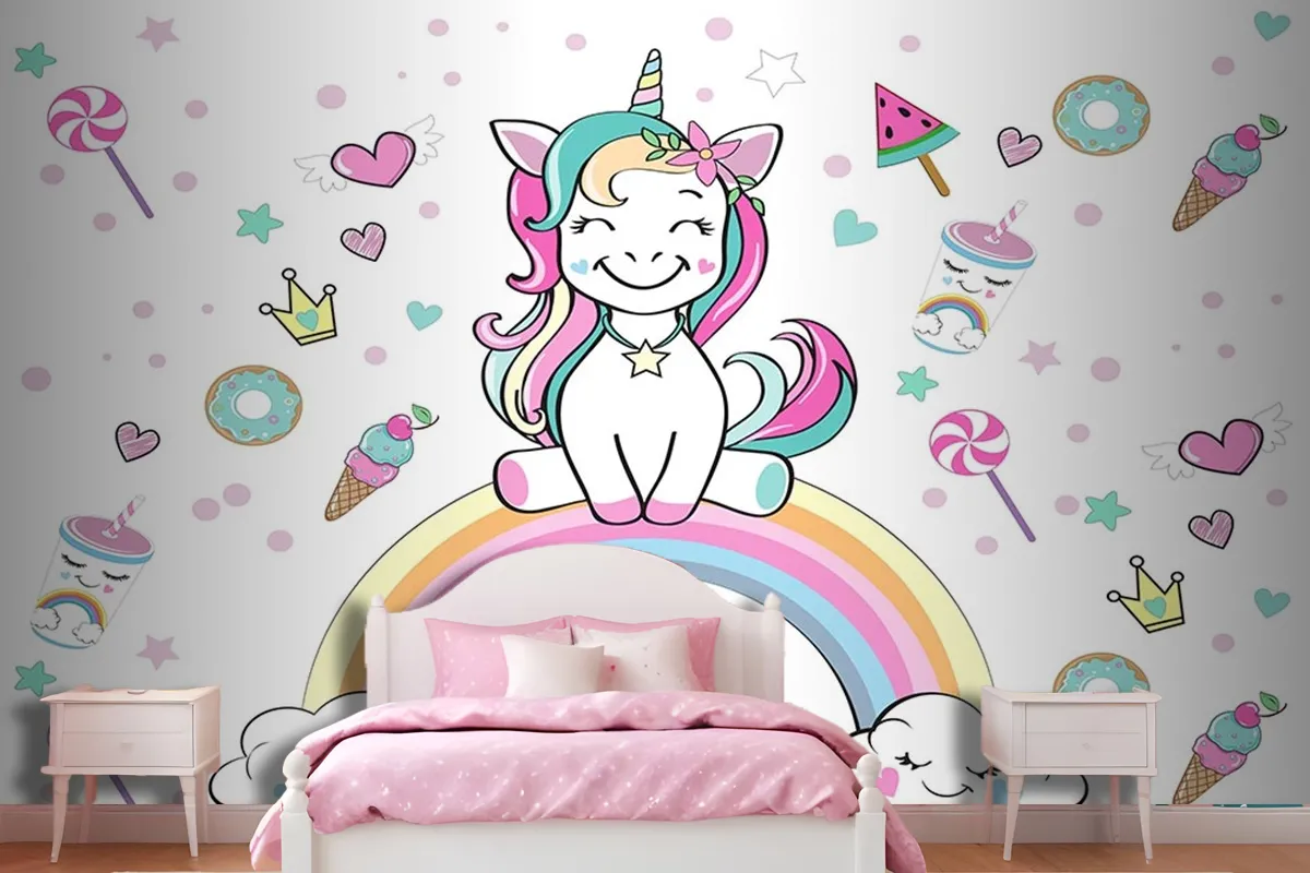 Unicorn Gökkuşağı Çocuk Odası Duvar Kağıdı