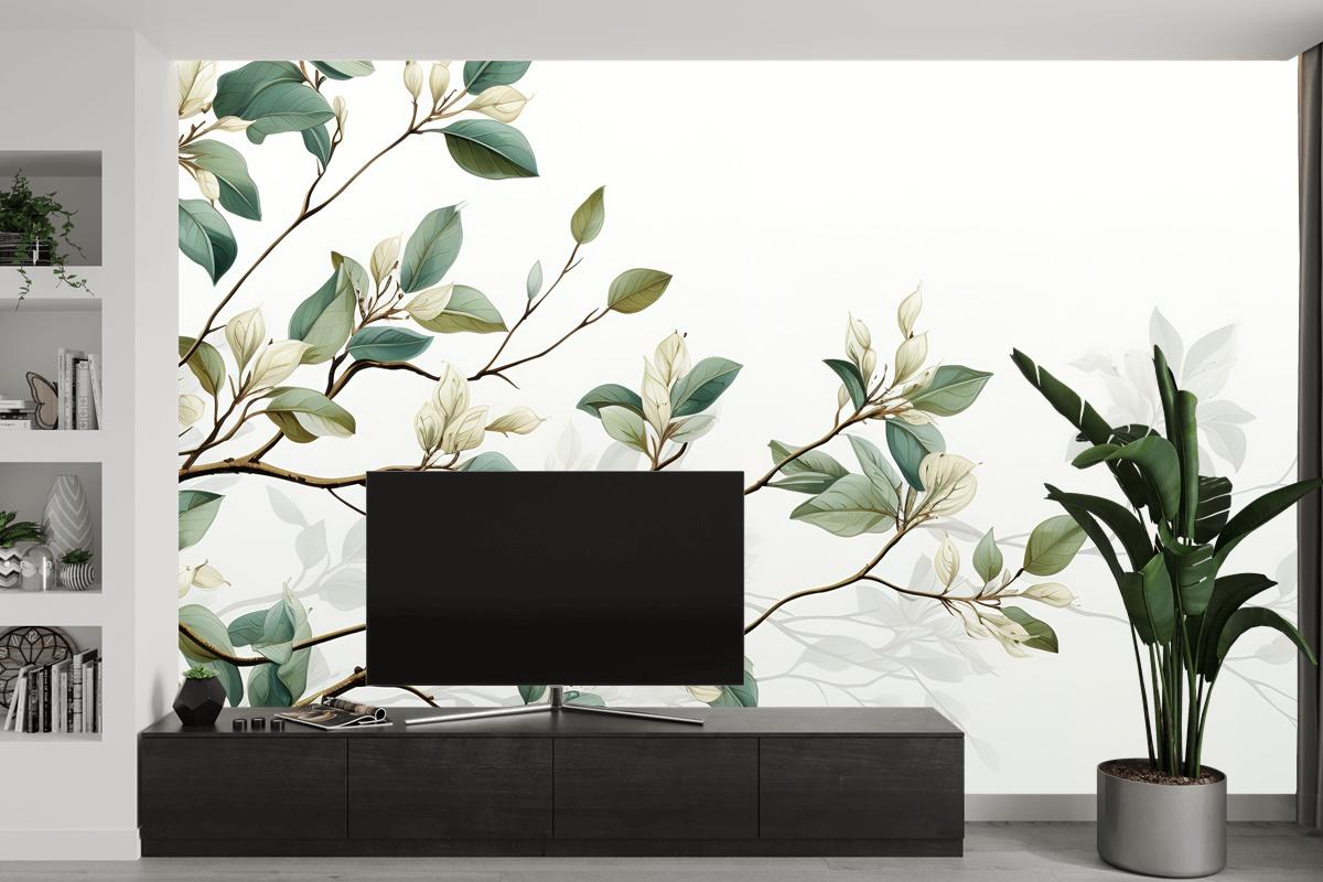 Koyu Yeşil Ve Beyaz Ficus Elastica Yapraklarından Oluşan Kusursuz Desen TV Arkası Duvar Kağıdı