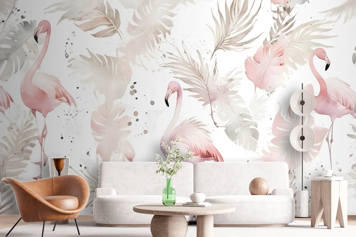 Boho Tropikal Yaprak Duvar Kağıdı  Ile Yumuşak Flamingo Sanatı