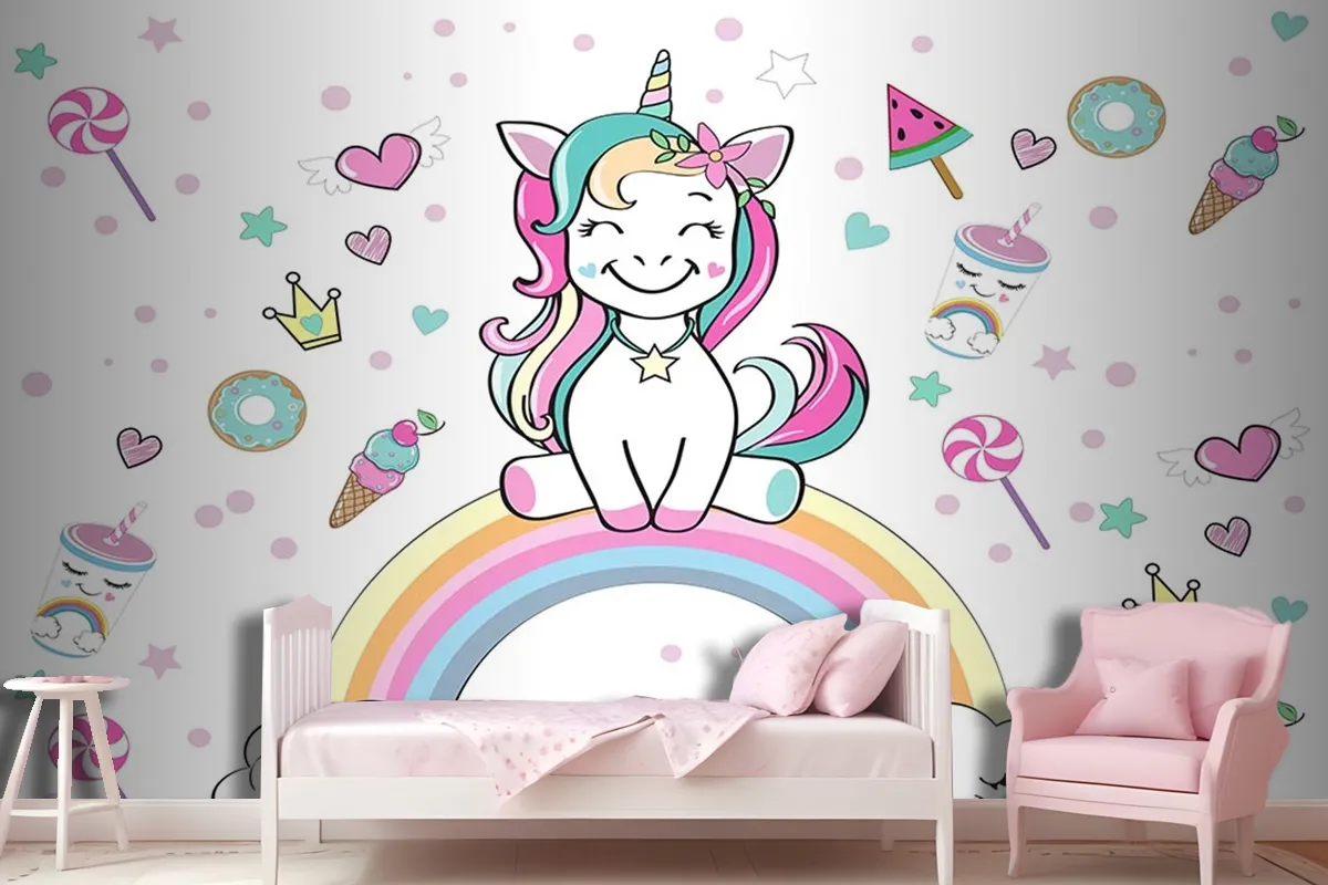 Unicorn Gökkuşağı Çocuk Odası Duvar Kağıdı