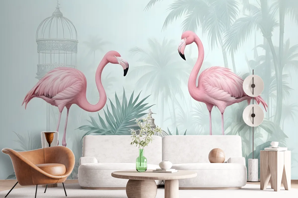 Tropikal Yapraklı Vintage Pembe Flamingo Duvar Kağıdı