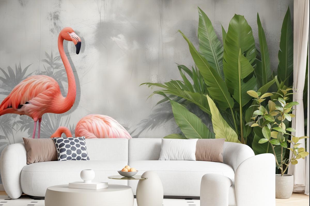 Tropikal Yapraklı 3D Görünümlü Pembe Flamingo Duvar Kağıdı