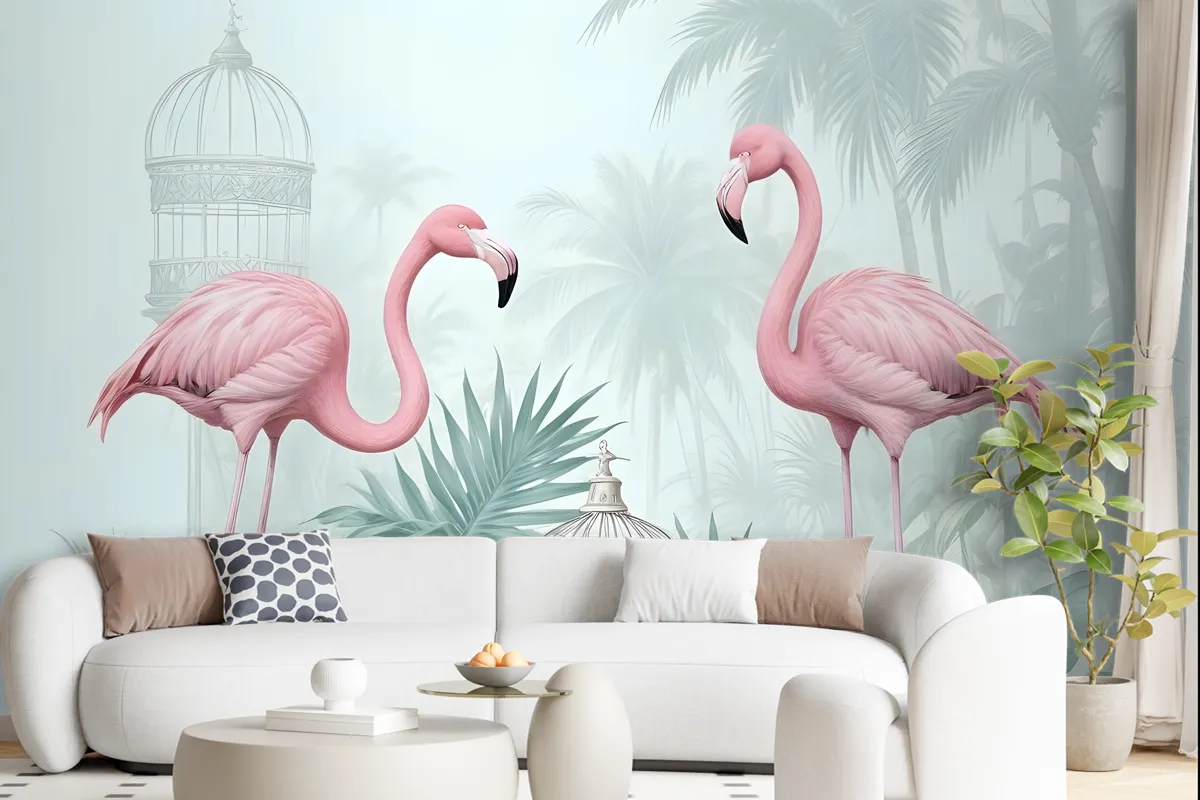 Tropikal Yapraklı Vintage Pembe Flamingo Duvar Kağıdı