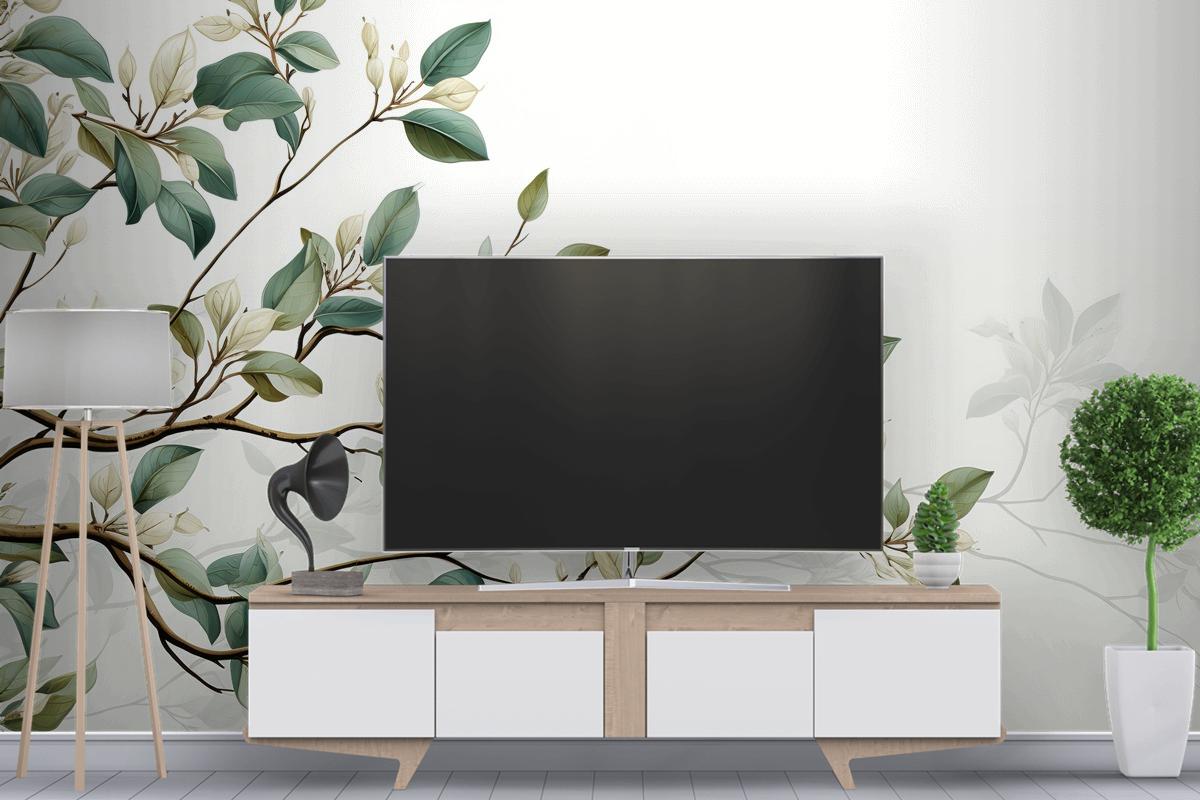 Koyu Yeşil Ve Beyaz Ficus Elastica Yapraklarından Oluşan Kusursuz Desen TV Arkası Duvar Kağıdı