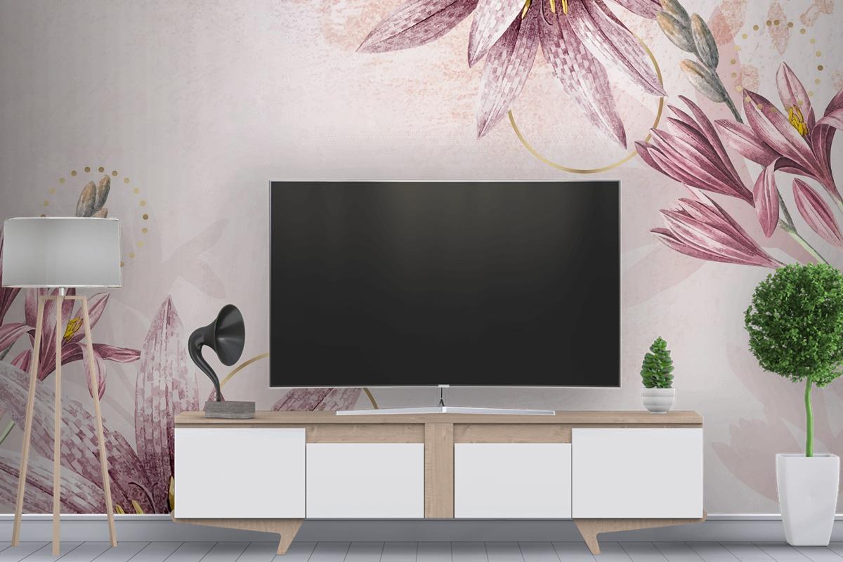 Pembe Amaryllis Desenli Arka Plan TV Arkası Duvar Kağıdı