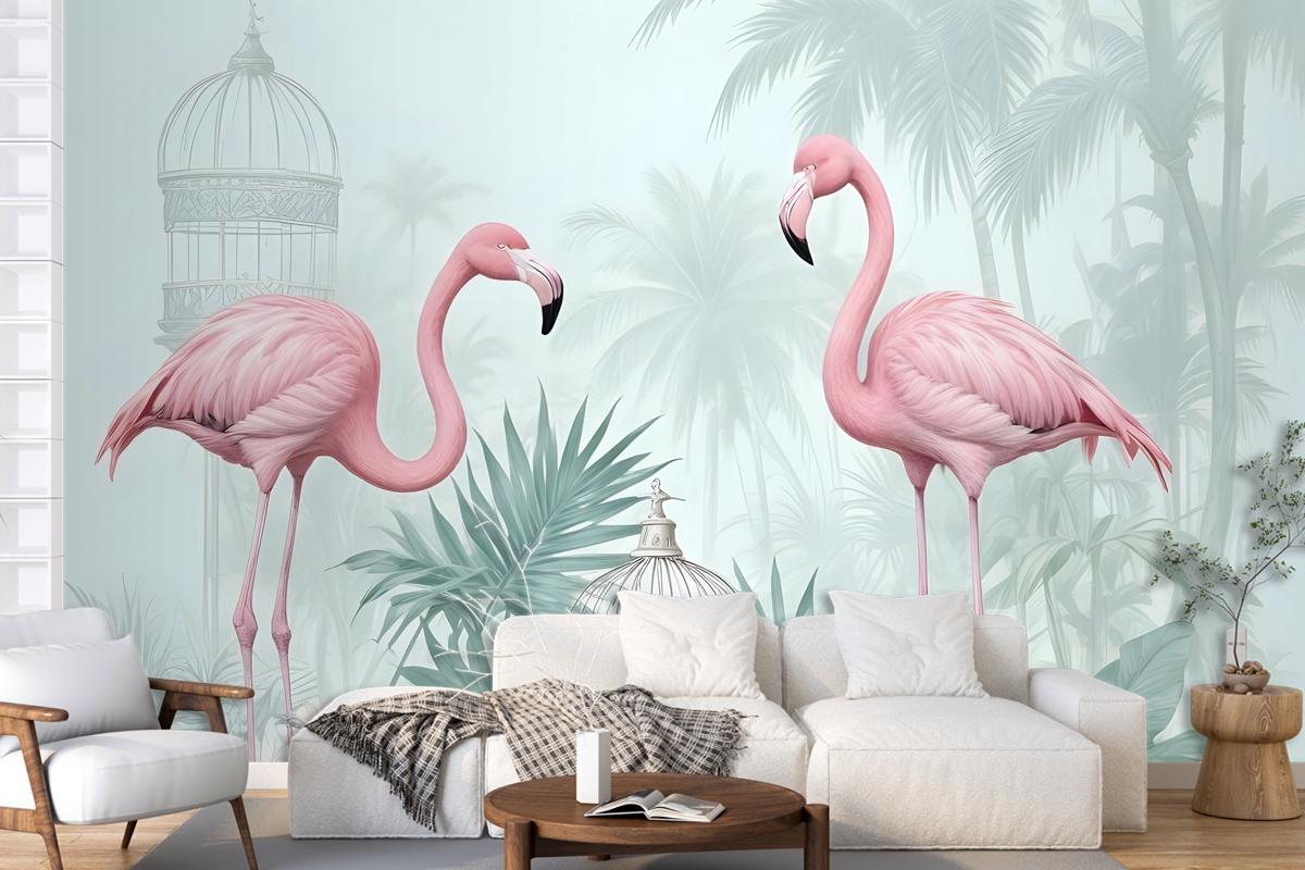 Tropikal Yapraklı Vintage Pembe Flamingo Duvar Kağıdı