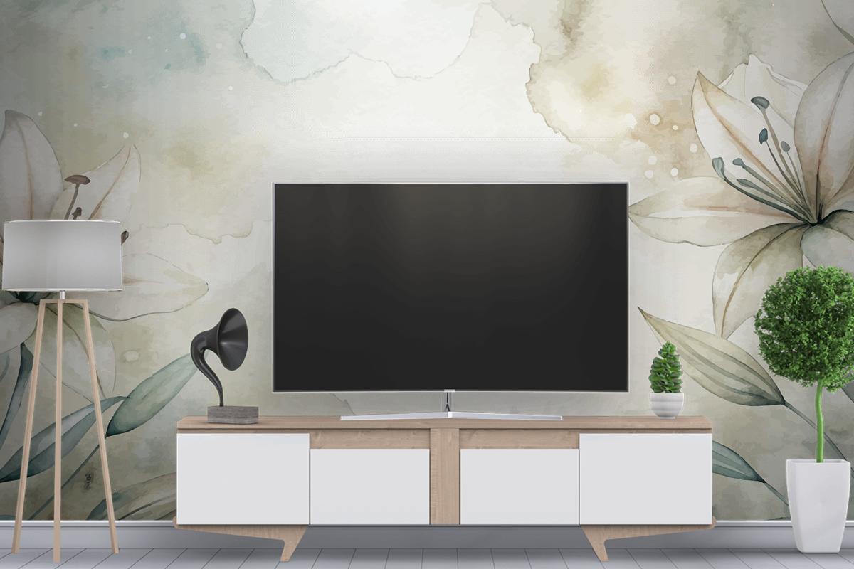 Zambakların Minimalist Suluboya Arka Planı TV Arkası Duvar Kağıdı