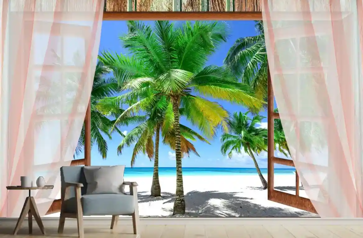 Pencereden Deniz Manzarası Güzel Hava Yaz 3D Duvar Kağıdı