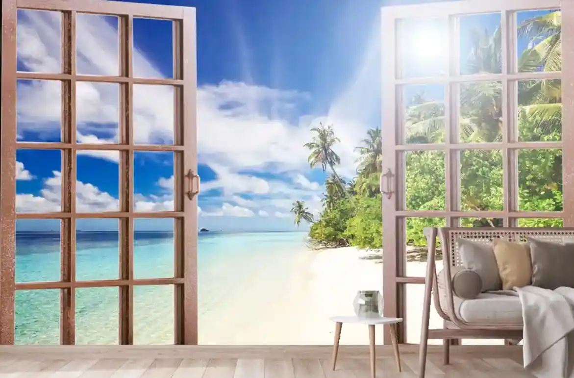 Tropikal Bir Plajın Pencereden Görünümü 3D Duvar Kağıdı