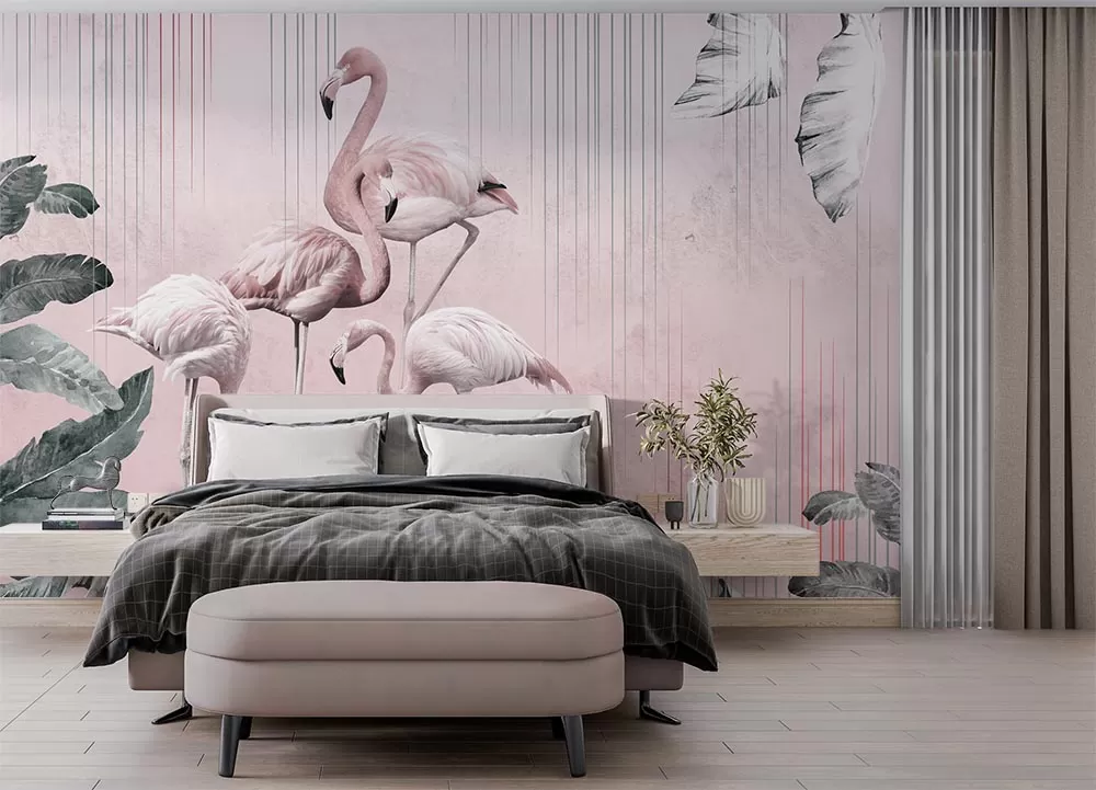 Tropikal Yapraklar Arasında Flamingolar Tasarım Duvar Kağıdı
