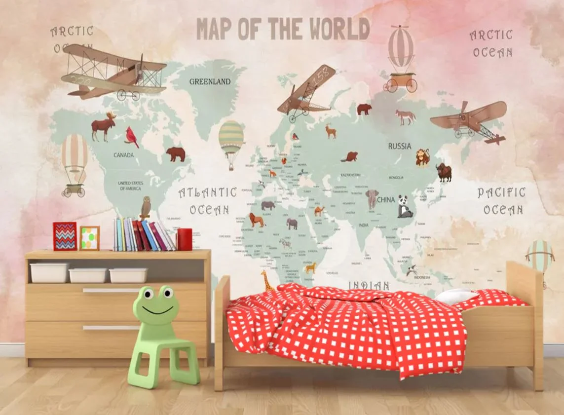 Uçak Hava Balonu Hayvan Çocuk Haritası Duvar Kağıdı